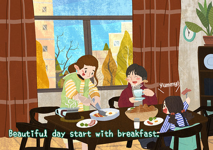 培根意面家庭早餐插画