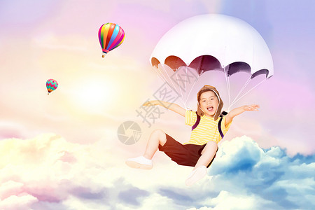 降落伞热气球飞翔的小孩设计图片