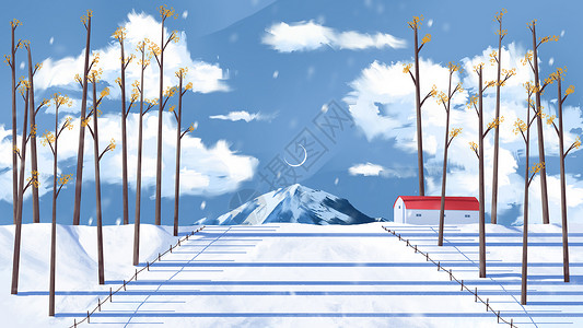 冬日蓝天雪山下的冬日风景插画