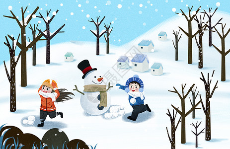 唯美清新冬天雪景雪地玩耍小雪插画高清图片
