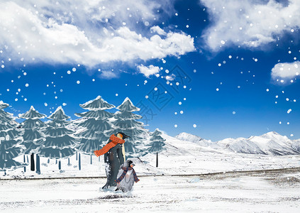 冬季企鹅雪山漫步赏雪景创意插画图片
