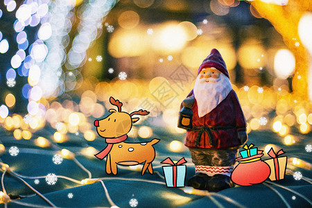 金色灯光圣诞老人与麋鹿插画