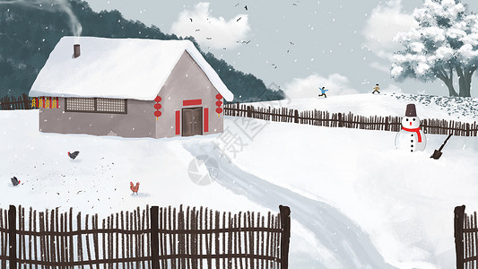 房屋的积雪图雪地村庄插画