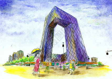 中央电视塔总部大楼北京建筑街景插画