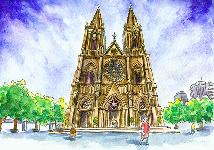 法国巴黎圣心教堂建筑广州石室圣心大教堂水彩插画手绘插画