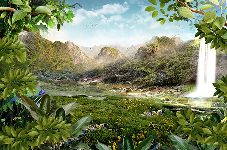 黑白瀑布梦幻森林设计图片
