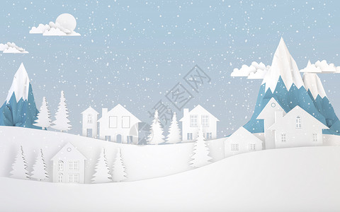 雪中的村庄插画冬季雪花场景设计图片