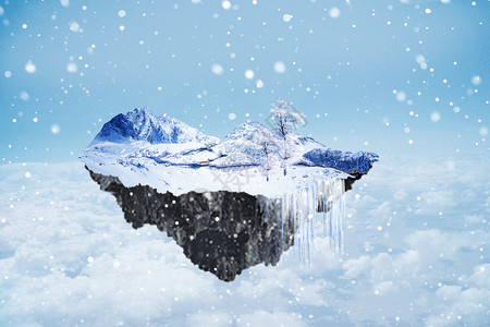 空中岛屿超现实雪景设计图片