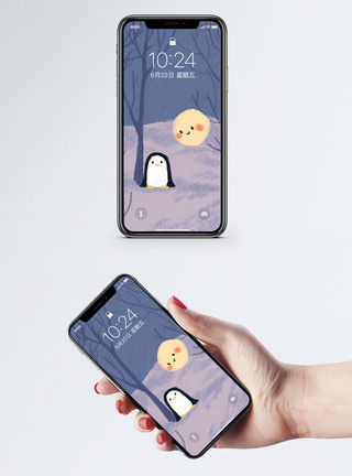 树林雪地卡通企鹅手机壁纸模板