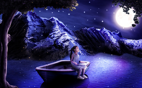 月亮下小船奇幻童梦设计图片