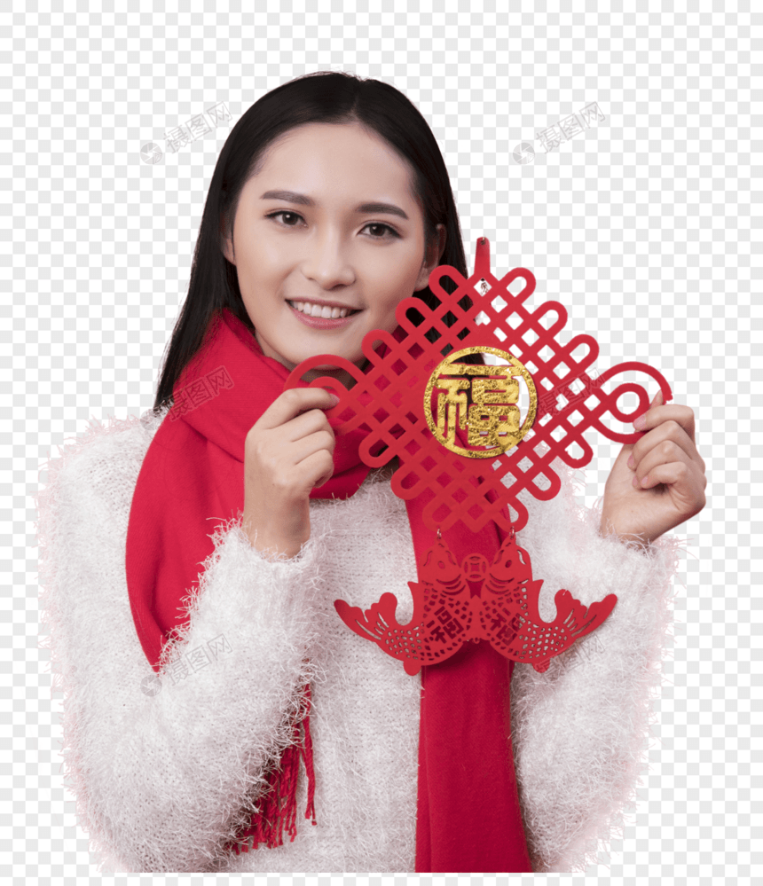 拿着福字的女性新年人像图片