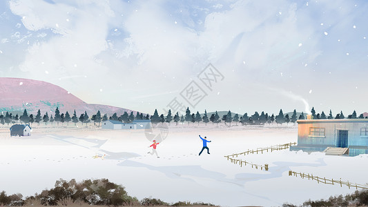 树林房屋冬日雪景插画