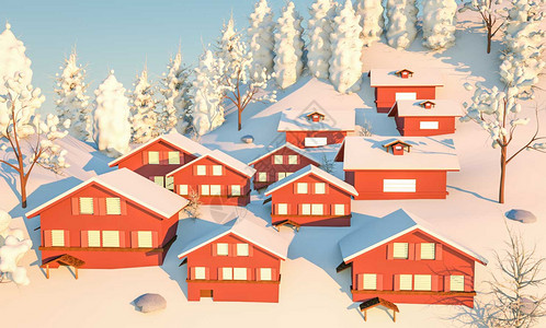 乡村新年阳光下的雪景设计图片