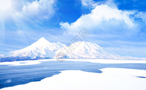 湖面结冰冬季雪景设计图片