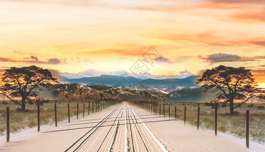夕阳火车冬季雪景设计图片