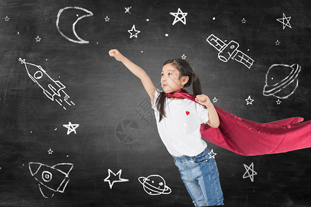 小女孩和标题框飞向太空设计图片
