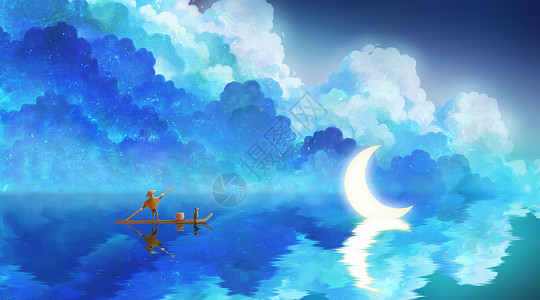 划船的男人蓝色唯美月亮与渔夫插画