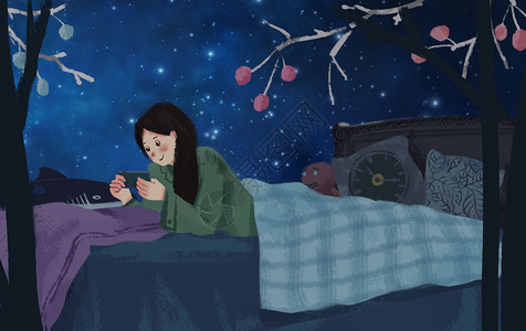 女孩与手机晚上趴床上玩手机插画