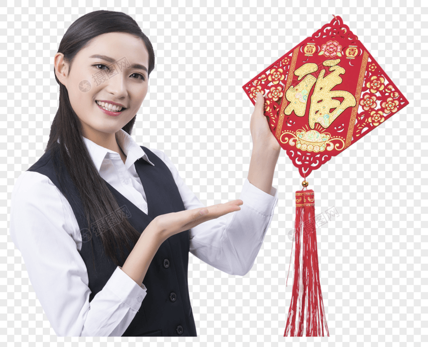 手拿福字的商业女性人像图片