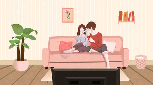 靠着沙发的情侣情侣生活插画