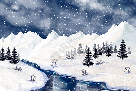 小河流水人家唯美夜色小溪落雪雪景插画