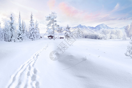 冬天脚印冬季雪景设计图片