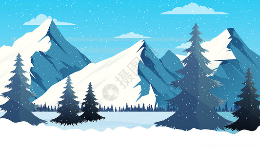 森林大雪蓝色雪山风景插画