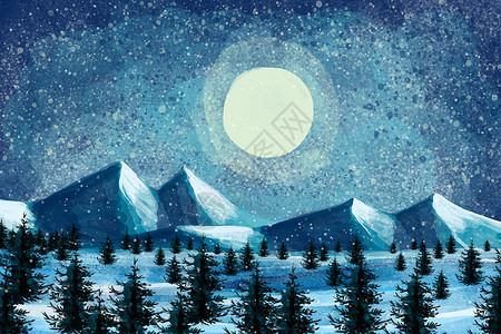 雪山上的景色唯美梵高风雪景夜景插画