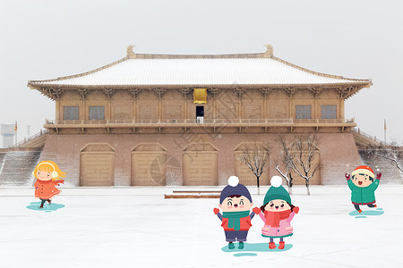 冬天旅游古城游玩雪地背景图片