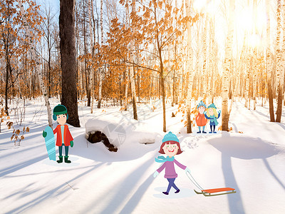滑雪度假白色冬季小朋友们玩雪插画
