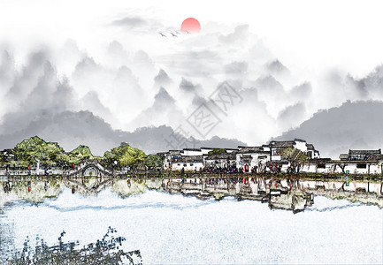 自然风景画中国风水墨城镇设计图片