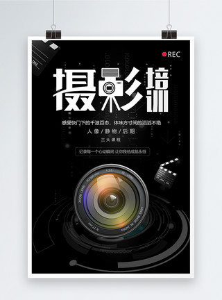 数码相机镜头黑色创意摄影培训海报模板