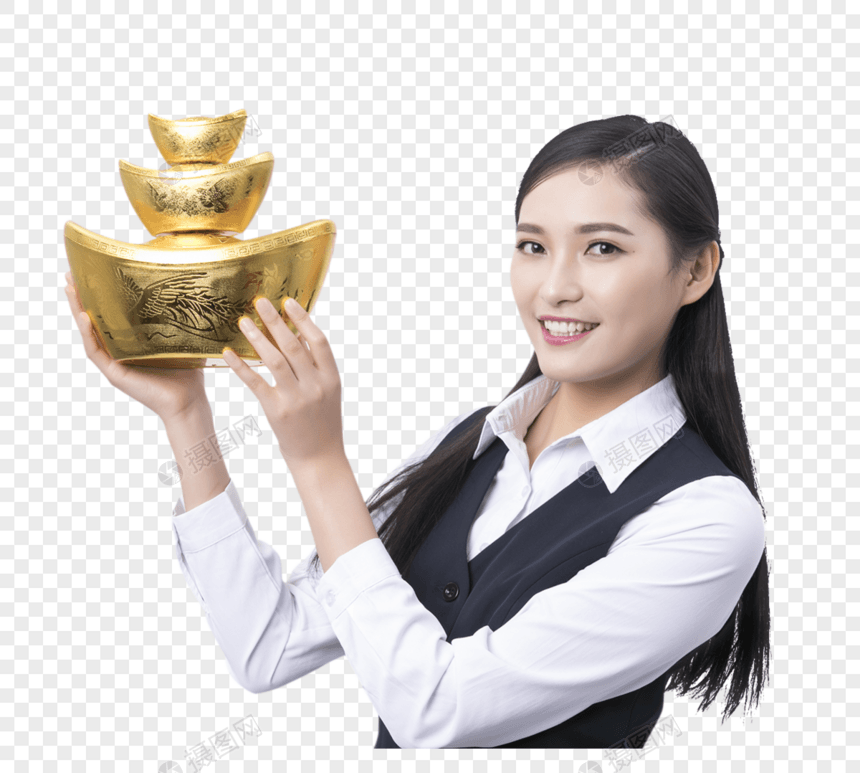 手拿金元宝的职业女性图片