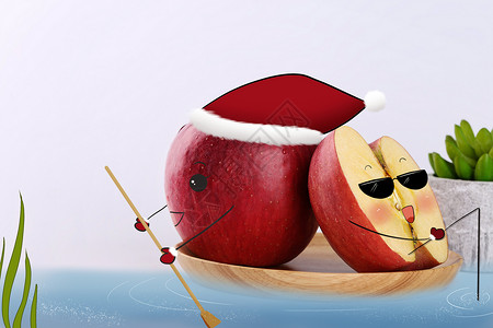 创意红色苹果圣诞苹果划小船插画