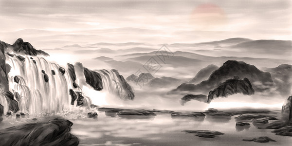 河流风景画中国风水墨画设计图片