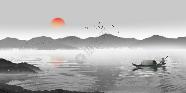 山川河流中国风水墨画设计图片