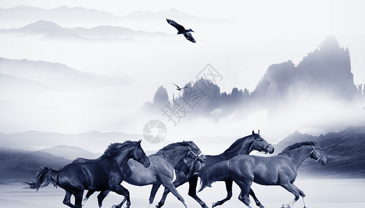 中国风水墨画马企业文化设计图片