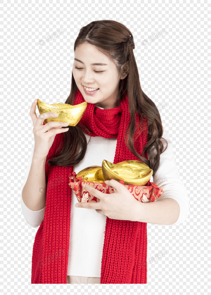 新年女性拿着金元宝图片