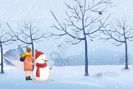 冬日堆雪人树木和雪人娃娃高清图片