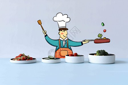 西蓝花炒肉炒蔬菜的厨师插画