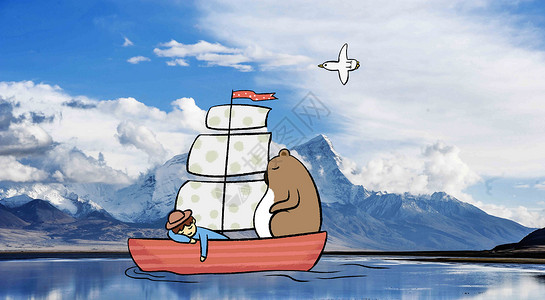 小帆船创意风景旅游插画