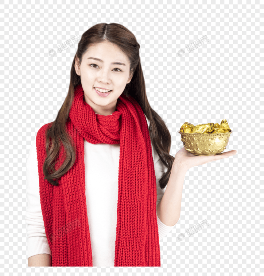 新年女性拿着金元宝图片