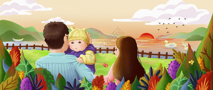 公园散步推宝宝母婴系列：一家人散步看夕阳插画