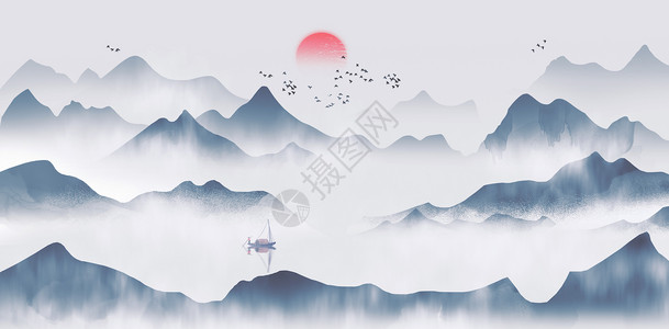 三水画山中国风水墨水画插画