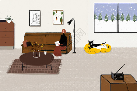 窗外冬季居家生活插画