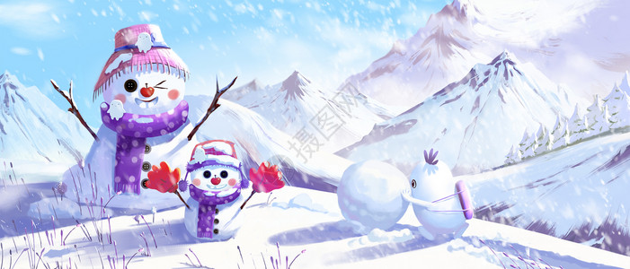 冬季冷色调边框雪山堆雪人插画