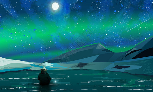南极雪山极光之旅插画