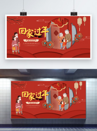 中国传统节日展板温馨红色回家过年节日展板模板