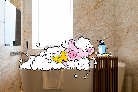肥皂泡泡创意洗澡小猪插画