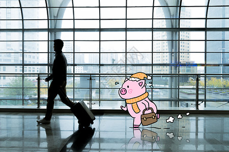创意旅行箱创意都市奔跑小猪插画